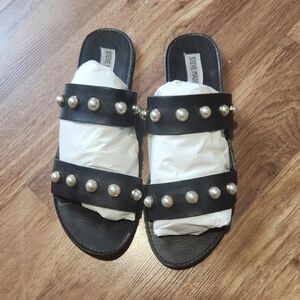 Steve Madden Jole Black Double-Strap Pearl-Stud Slide Mules